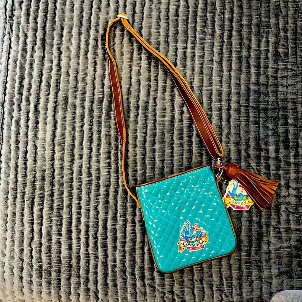 Consuela crossbody, turquoise patent leather. NWT